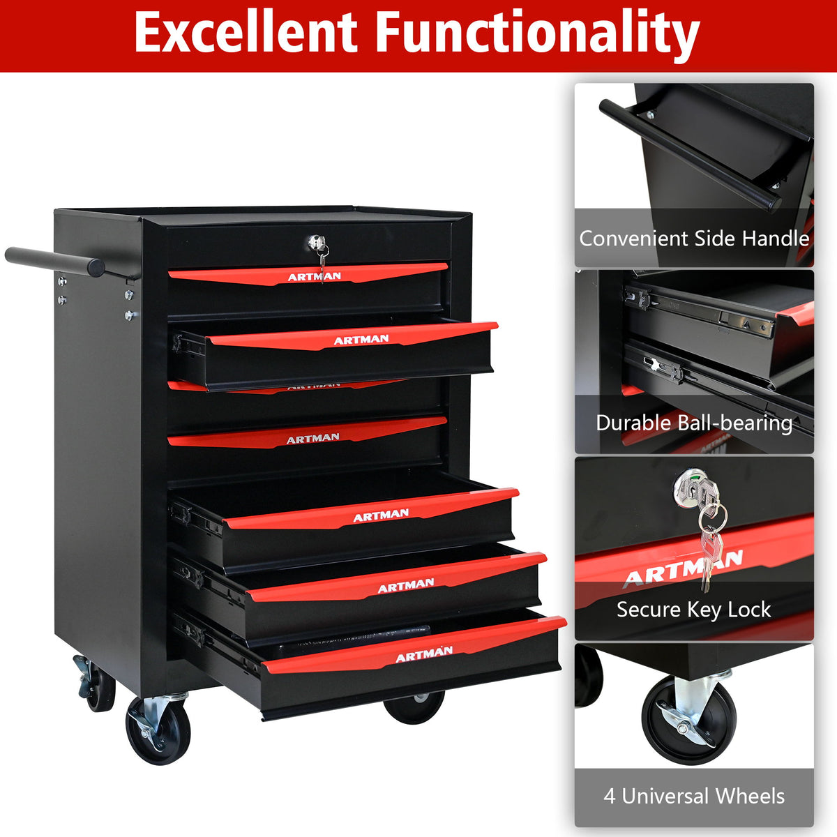 Rolling Metal Tool Chest With Drawers, Steel Storage Cabinet With Ball Bearing Slides