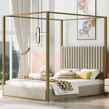 Upholstered Canopy Platform Bed With Frame, Queen Size - Beige