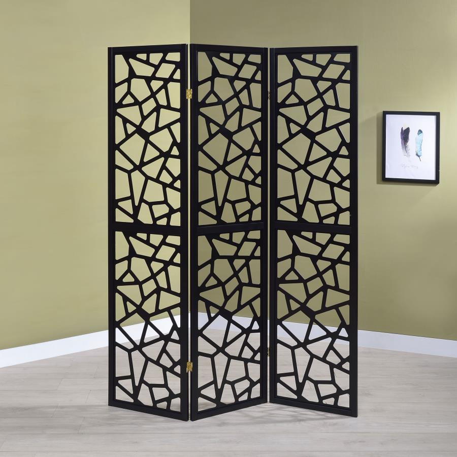 Nailan 3-Panel Room Divider Folding Screen Black Open Mosaic - 900092