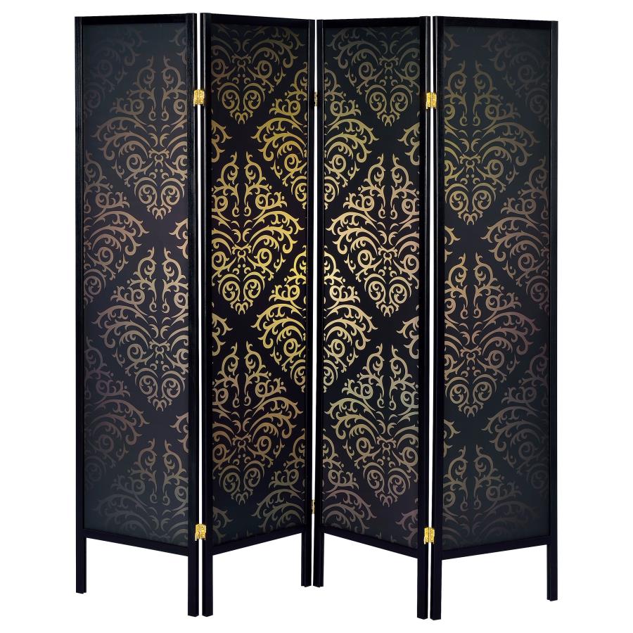 Haidera 4-Panel Room Divider Folding Screen Black Damask - 901632