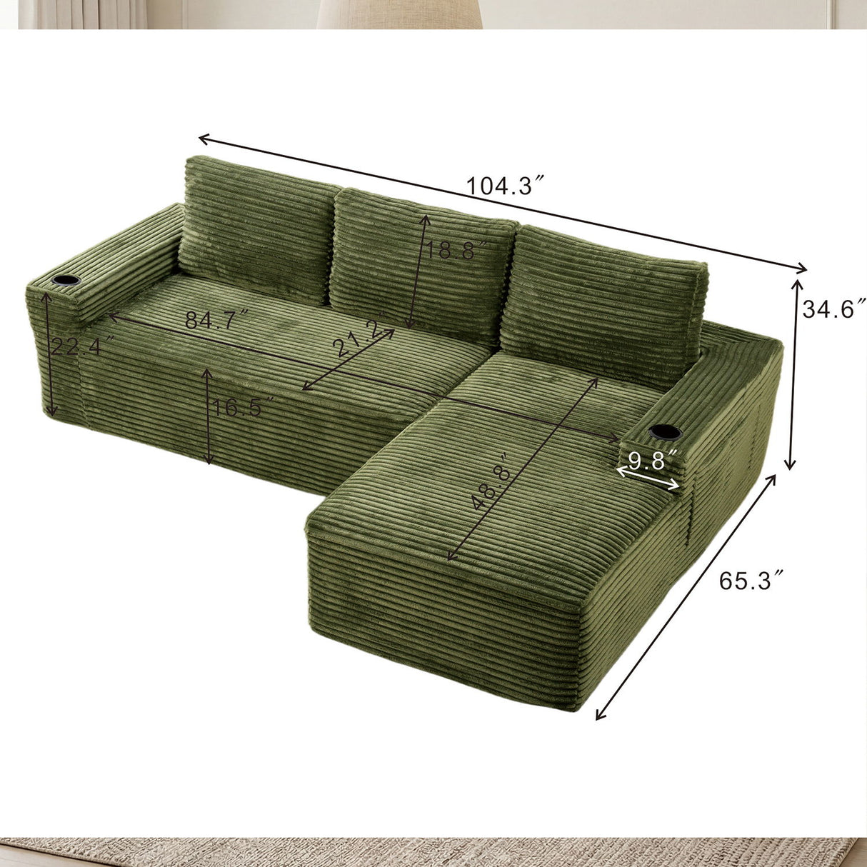 Cloud Sectional Couch, Modular Sectional Sofa With Deep Seat, Boneless Couches With L-Shape Chaise For Living Room - Green