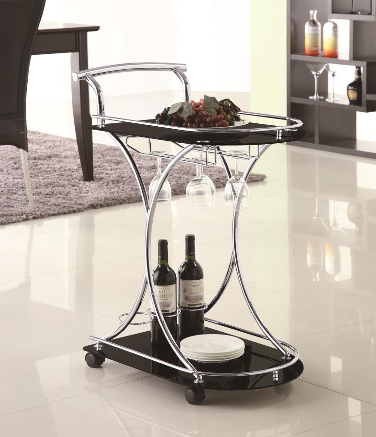 Elfman 2-tier Glass Shelf Metal Bar Cart Black and Chrome - 910001