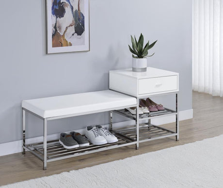 Siega 1-Drawer Shoe Storage Entryway Bench White High Gloss and Chrome - 910223