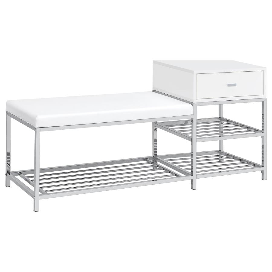 Siega 1-Drawer Shoe Storage Entryway Bench White High Gloss and Chrome - 910223