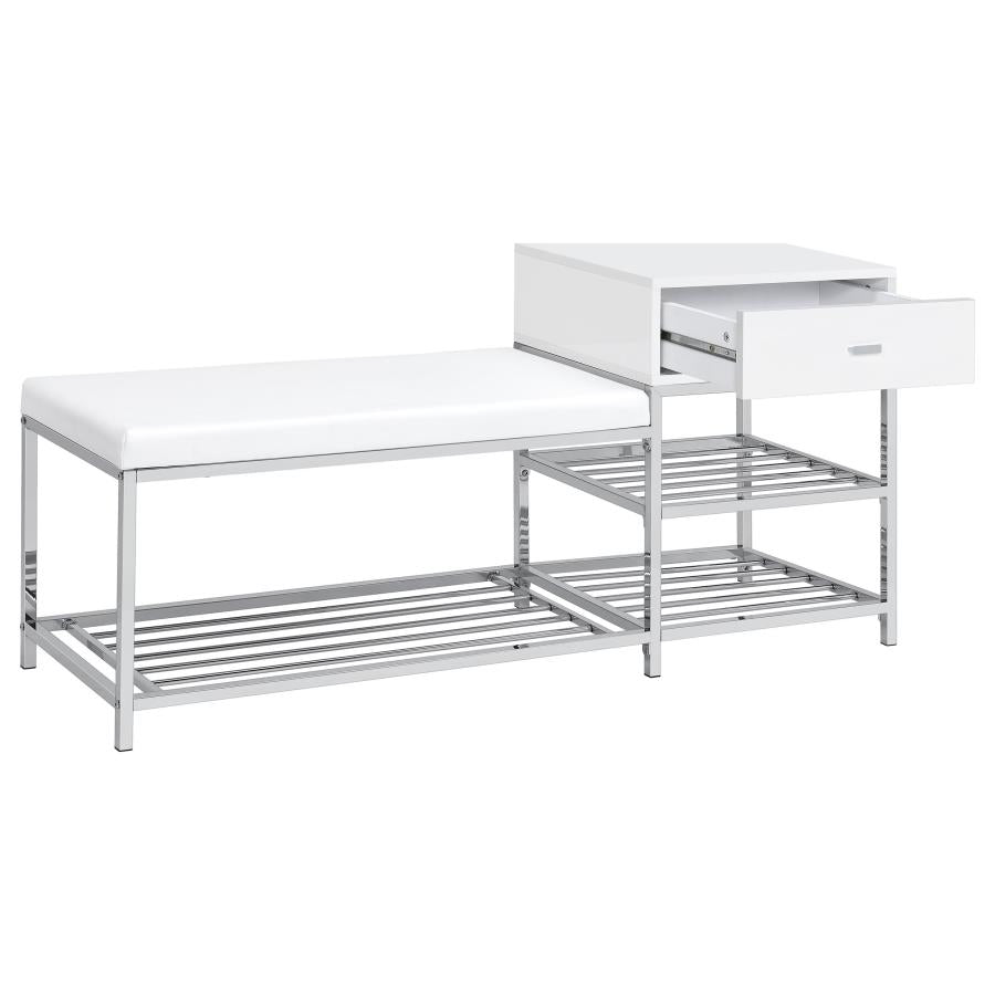 Siega 1-Drawer Shoe Storage Entryway Bench White High Gloss and Chrome - 910223