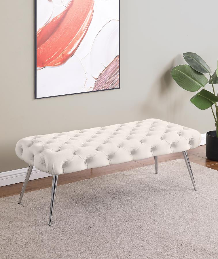 Ella Upholstered Tufted Bench Stainless Steel Legs Ivory - 910334