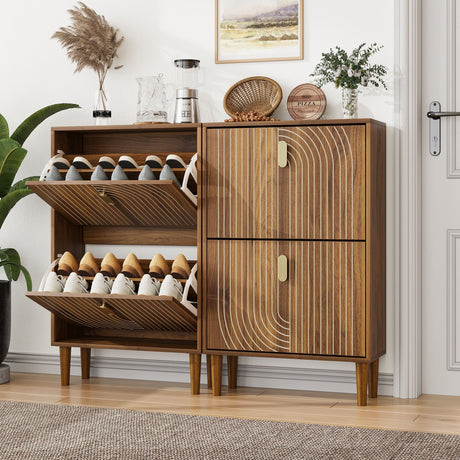 Modern Minimalist Shoe Storage Cabinet With 2 Flip Drawers And Metal Handles - Brown