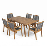 7 Piece Outdoor Patio Dining Set With Table And 6 Arm Chairs - Brown / Dark Gray / Teak