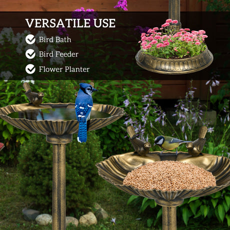 Outsunny - Antique Bird Bath With Pedestal Flower Planter Base, Vintage Style Decorative Birdbath, Bird Feeder Bowl & Planter Decoration Yard Statue - Bronze