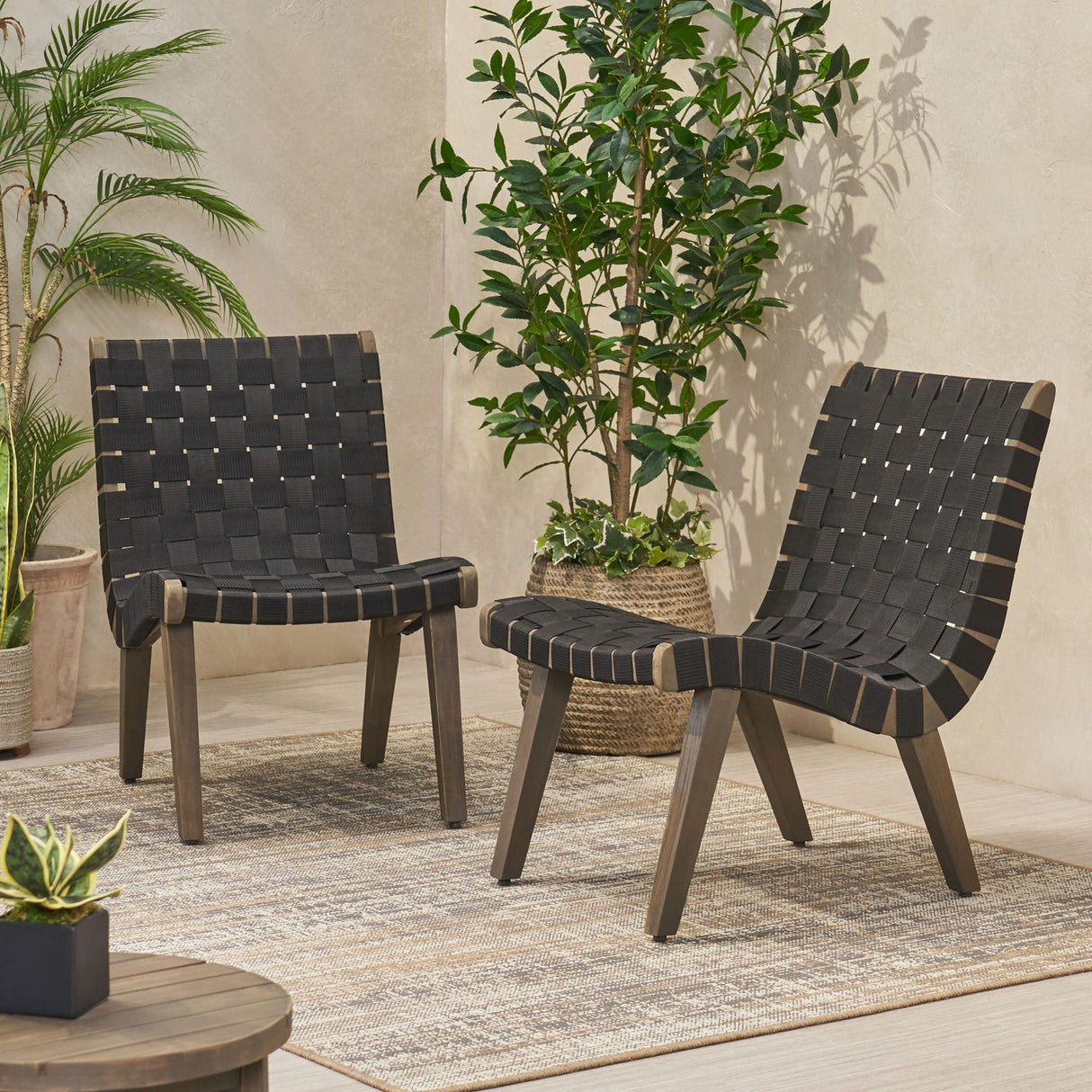 Lounge Chair With Stunning Rope Weave Design, (Set of 2) - Black