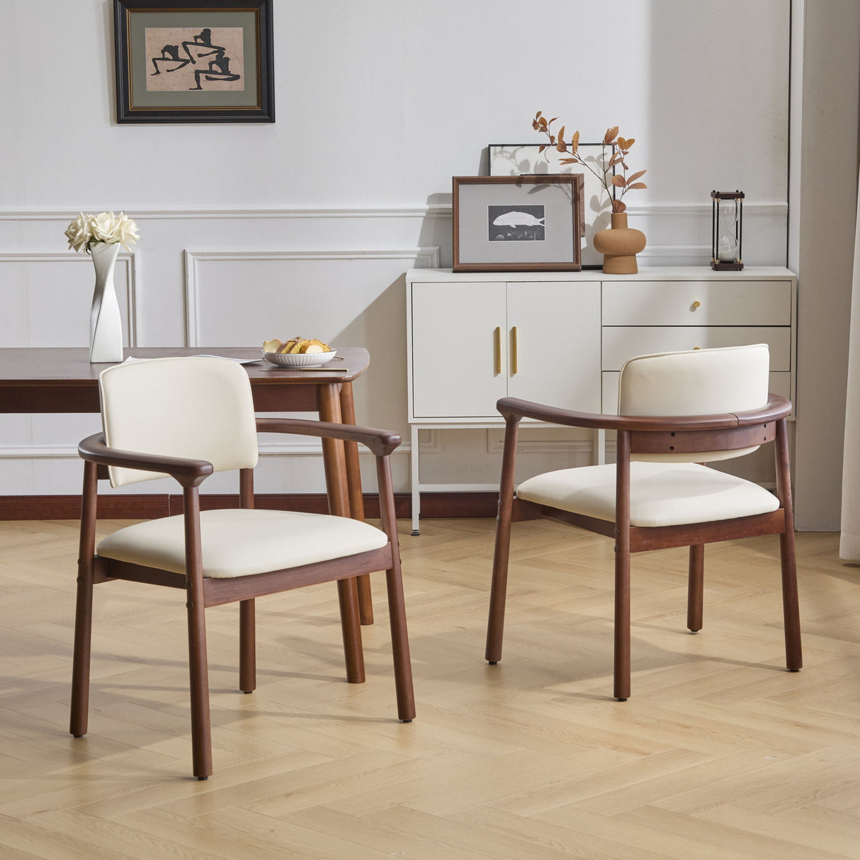 Dining Room Chairs, Ideal For Home & Kitchen (Set of 2) - Beige / Dark Walnut