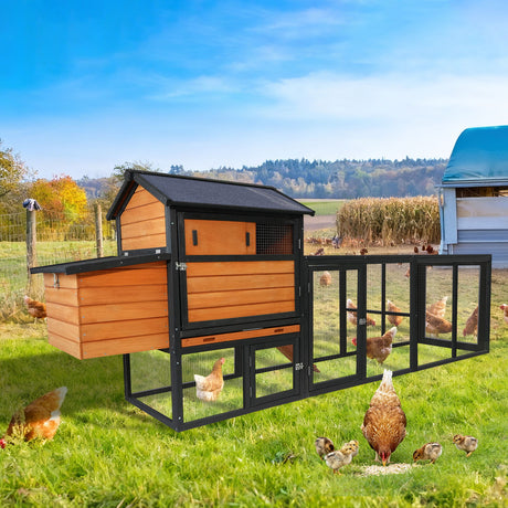 Chicken Coop, Large Outdoor Hen House & Run And Nesting Box Poultry Cage, Rabbit Hutch - Brown / Black