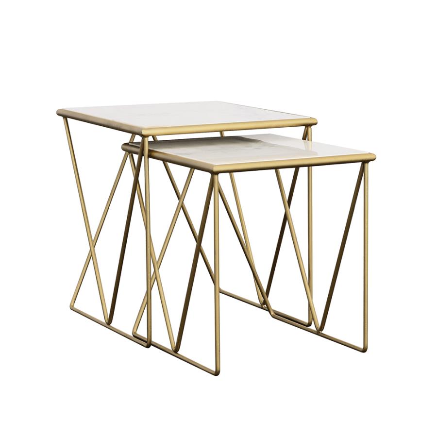 Bette 2-piece Marble Top Nesting Table Set White and Gold - 930075