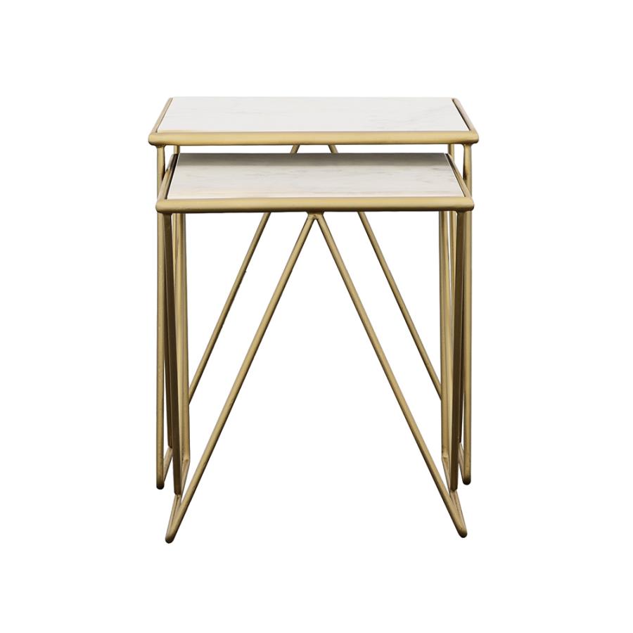 Bette 2-piece Marble Top Nesting Table Set White and Gold - 930075