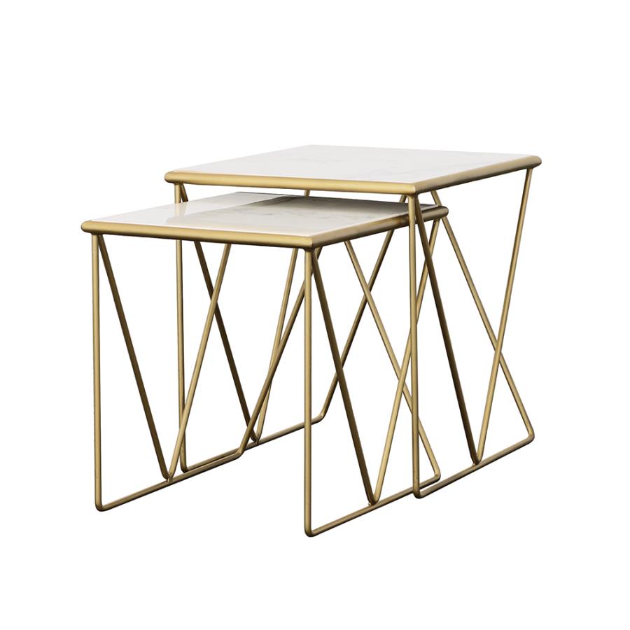 Bette 2-piece Marble Top Nesting Table Set White and Gold - 930075