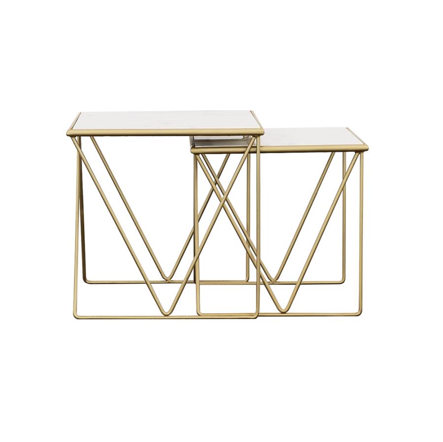 Bette 2-piece Marble Top Nesting Table Set White and Gold - 930075