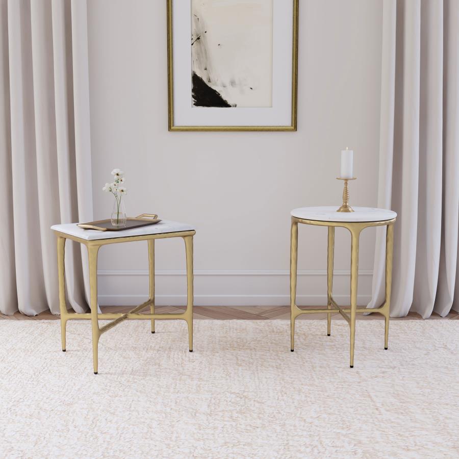 Baldwin Round Marble Top Side Table White and Gold - 930081