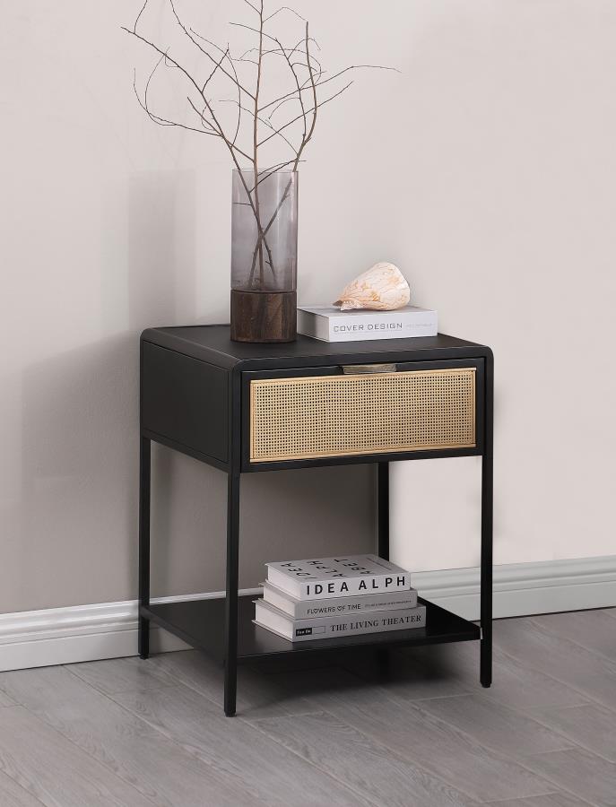 Amherst 1-drawer Radio Weave Cane Metal Bedside Table Black - 930235