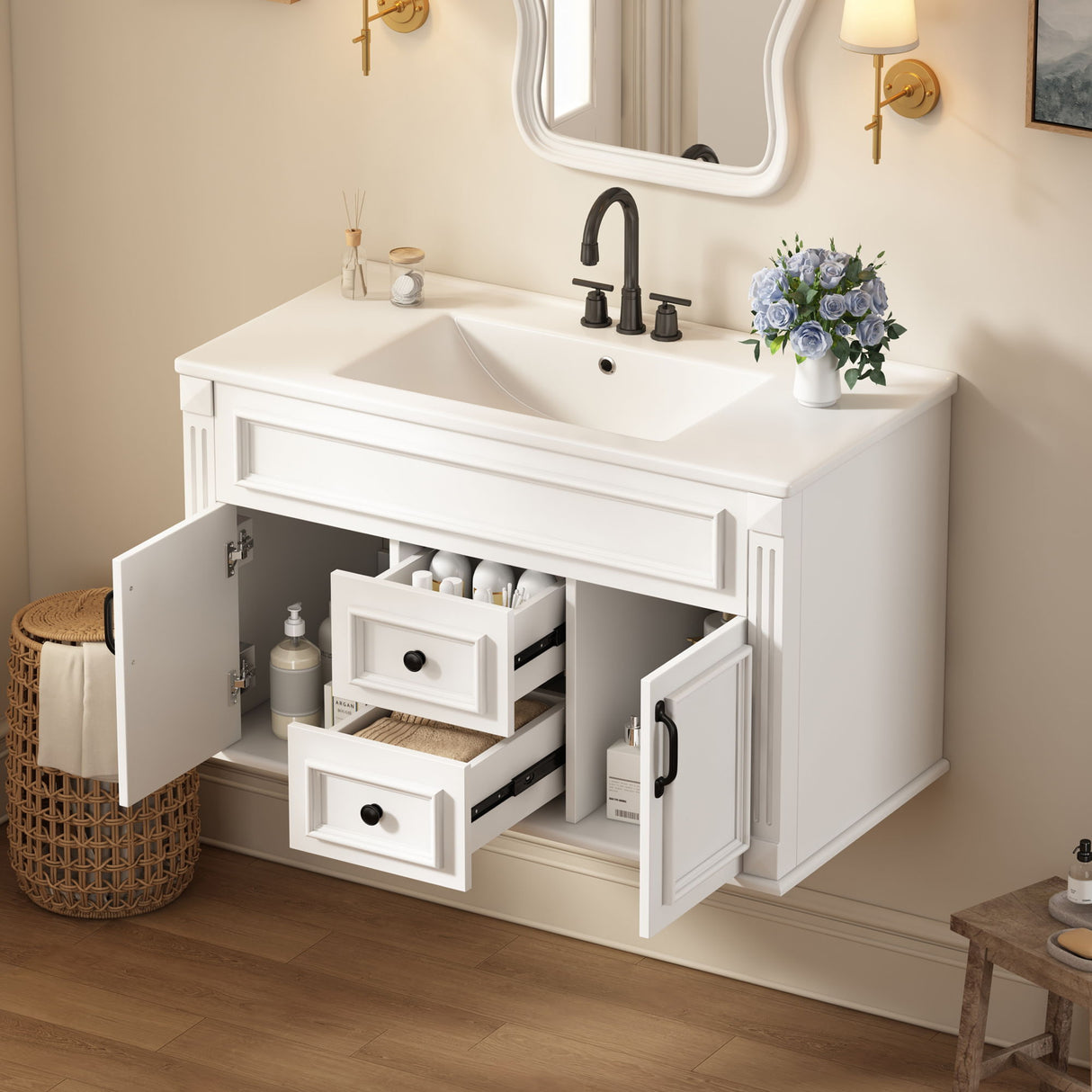 French Simple Style Wall Mounted Bathroom Cabinet With Sink