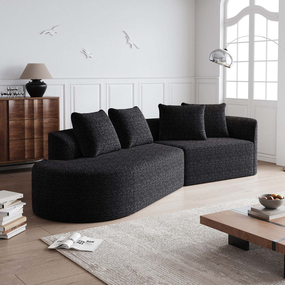 Upholstered Oversized Sectional Sofa, 4 Seater Extra Deep & Wide Seat Curved Cloud Couch With 4 Throw Pillows, Free Combination Living Room - Black