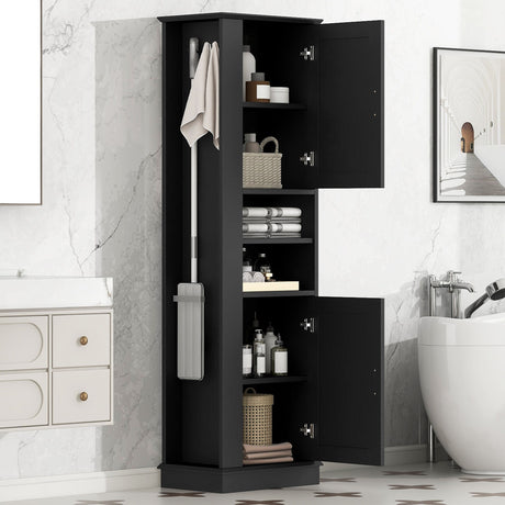 Tall Freestanding Bathroom Storage Cabinet With Adjustable Shelves And Side Hooks Board, Rectangle Design
