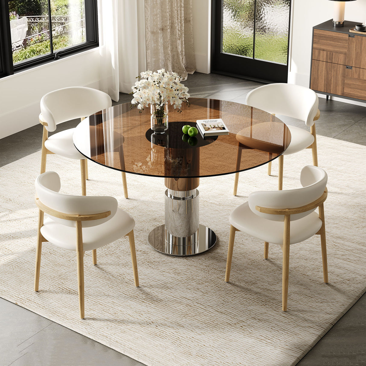 Round Dining Table With Tempered Glass Top - Brown