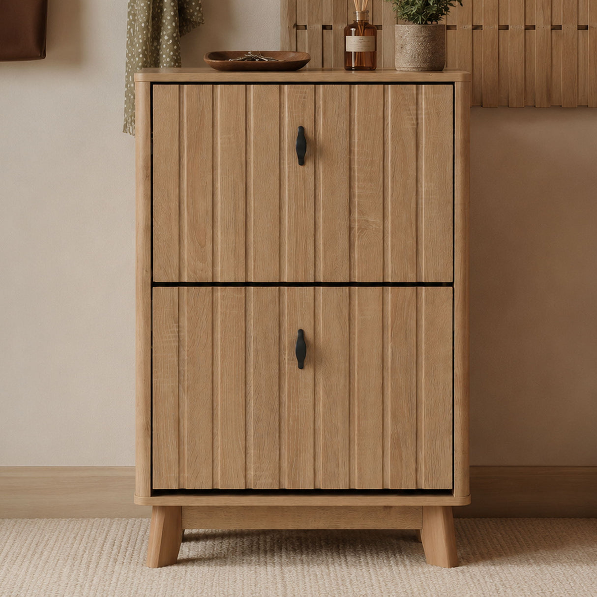 Entryway Shoe Cabinet With Flip Down Storage, Ultra Thin Freestanding Design For Home Use - Oak