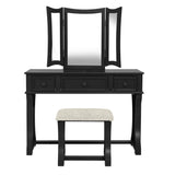 Bedroom Vanity Set With Foldable Mirror And Stool - Black