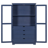 Kitchen Pantry, Freestanding Kitchen Storage Cabinet Display Cabinet With Glass Doors And 4 Built In Drawers For Living Room, Home Office - Blue