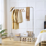 Heavy Duty Iron Garment Rack With Basket On Wheels - Silver