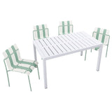 4 Piece Set Of Striped Color Blocking Single Chairs With Long Table - Cream White / Haze Green / White
