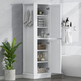 Tall Freestanding Bathroom Storage Cabinet With Adjustable Shelves And Side Hooks