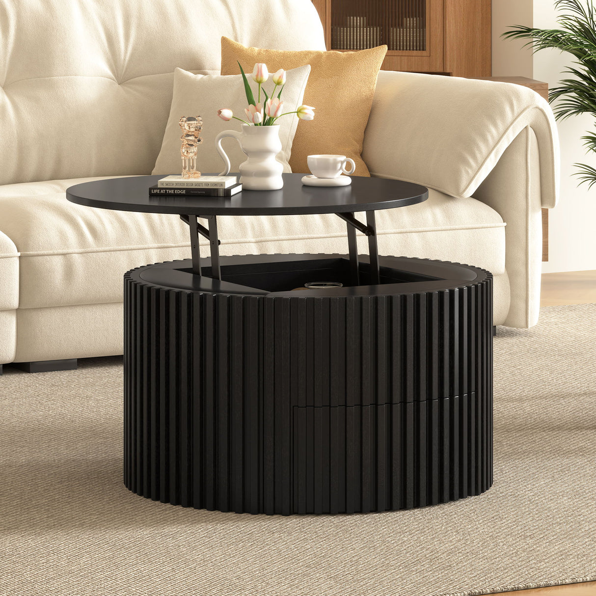 Round Lift Top Coffee Table With Hidden Storage For Living Room