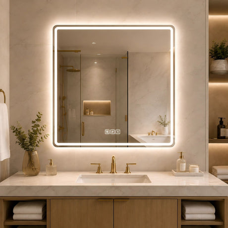 36 X 36 LED Bathroom Mirror With Dimmable Frosted Light Band, 3 Color Temperatures, Anti Fog, Memory & Auto Off - Silver