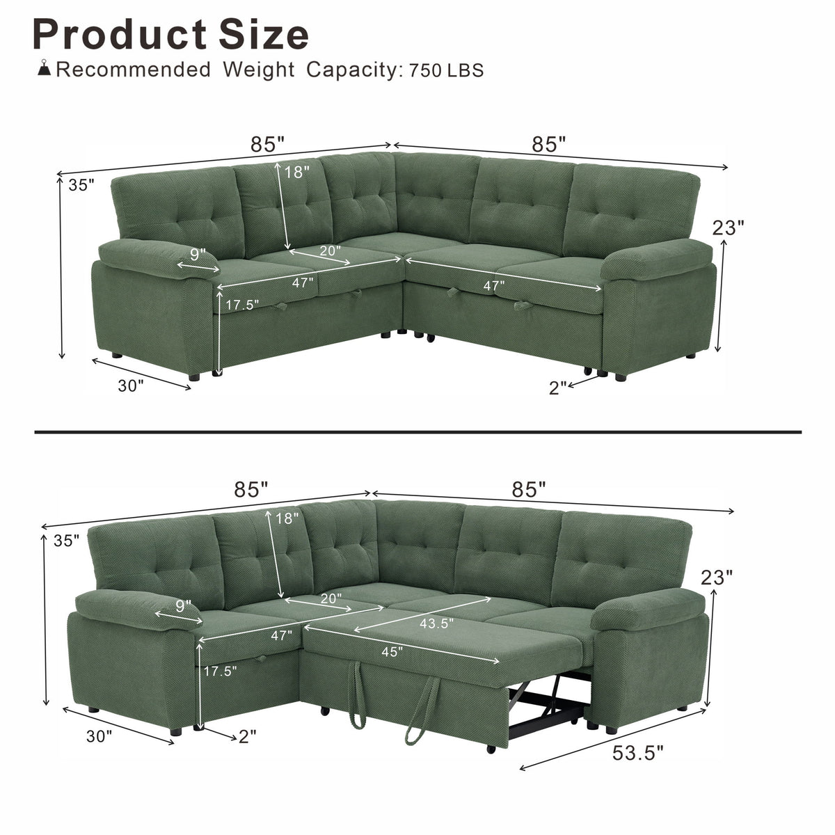 Convertible Sectional Sofa Bed With Pull Out Sleeper And Storage