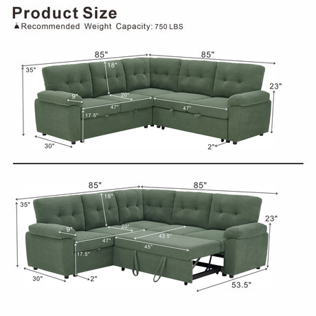 Convertible Sectional Sofa Bed With Pull Out Sleeper And Storage