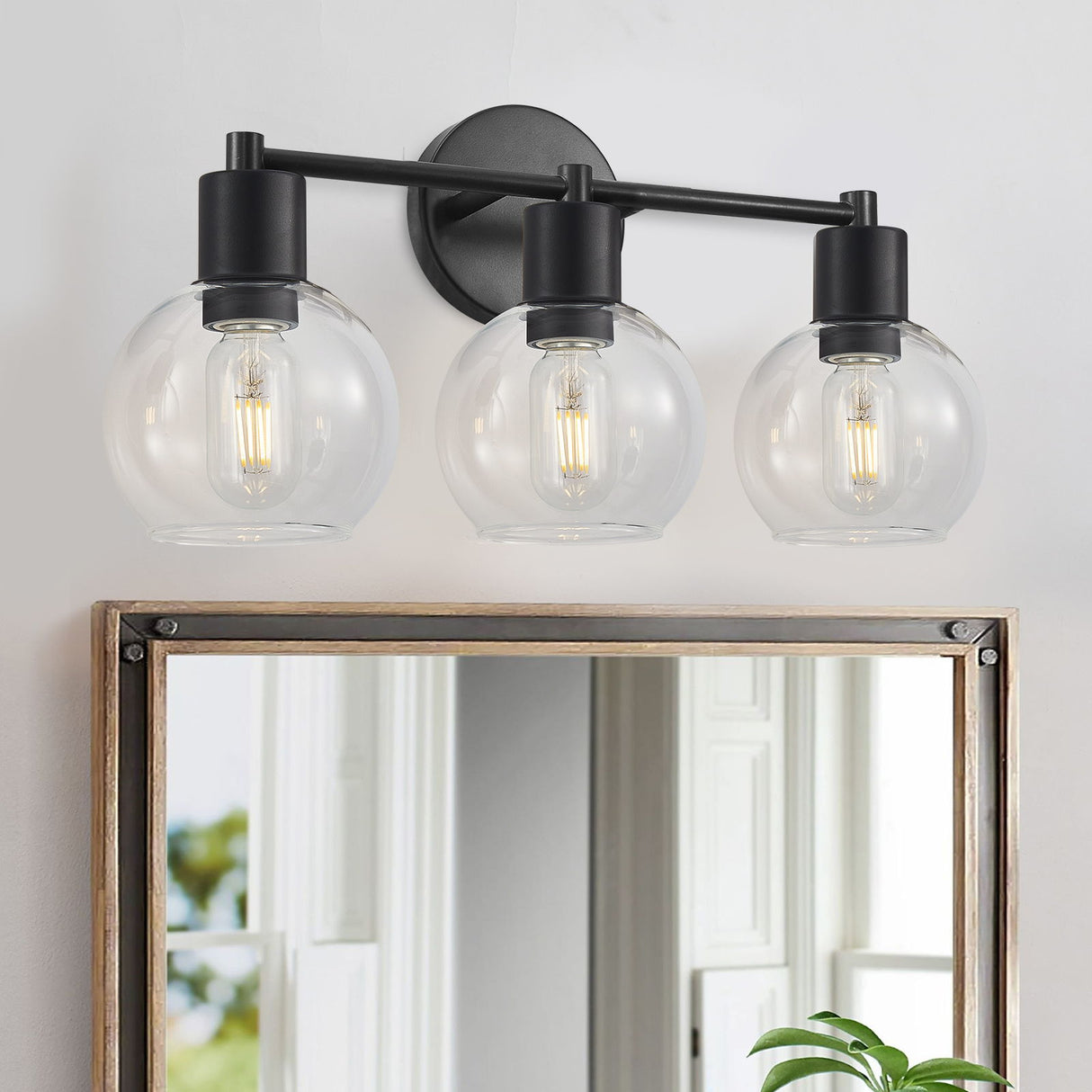 3 Light Globe Bathroom Vanity Light With Clear Glass Shades - Black