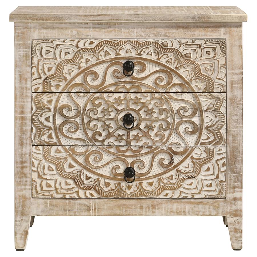 Mariska 3-drawer Wood Mandala Cabinet Distressed White - 950390