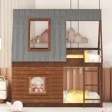 Twin Size House Bunk Bed With Roof, Ladder And 2 Windows - Brown & Smoky Gray