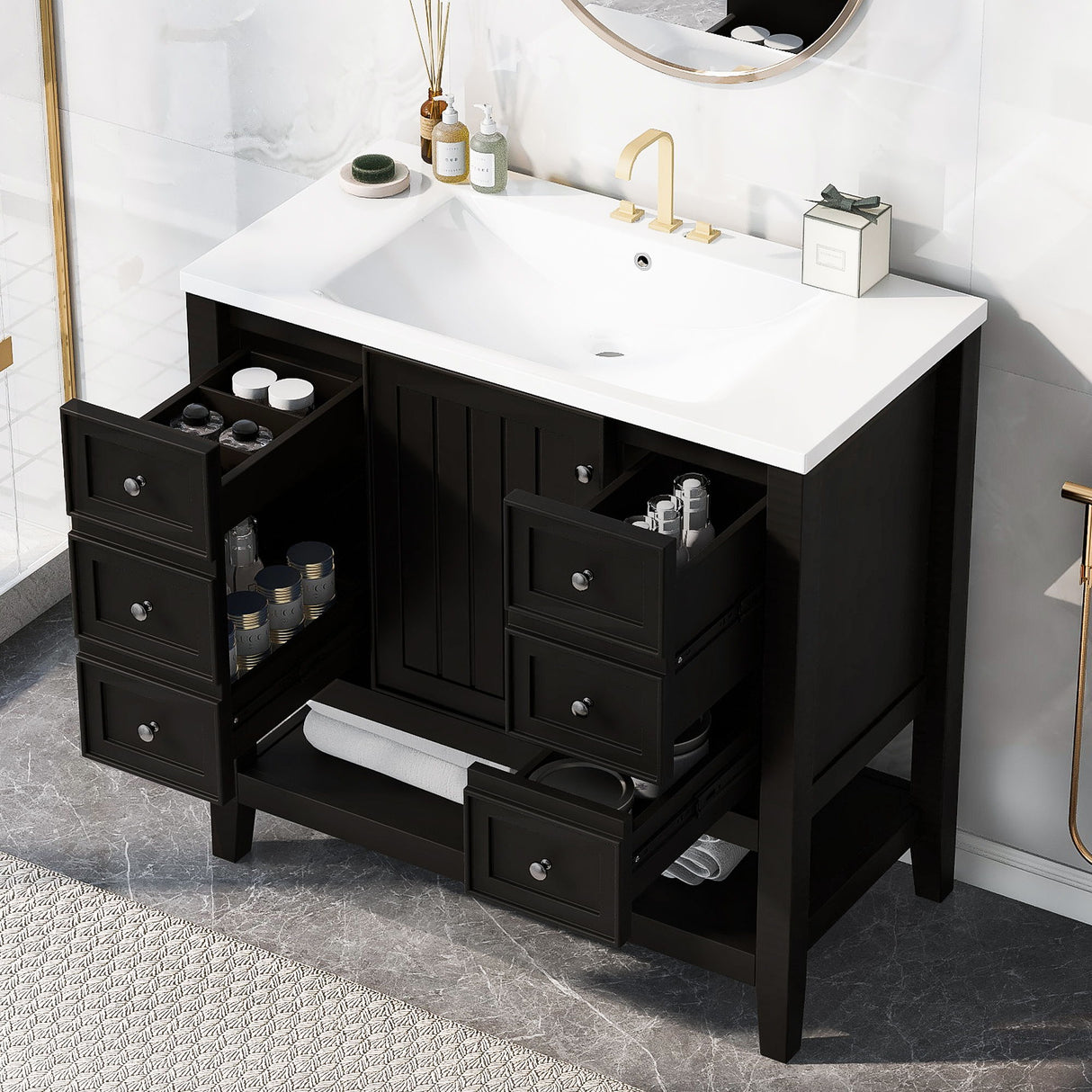 36" Bathroom Vanity & Sink, 2 Cabinet And 3 Drawers - Black