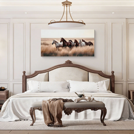 Horses Wall Art Decor, Western Farm Equine Canvas Picture Wild Animals Walking For Living Room - Brown / Cottage White