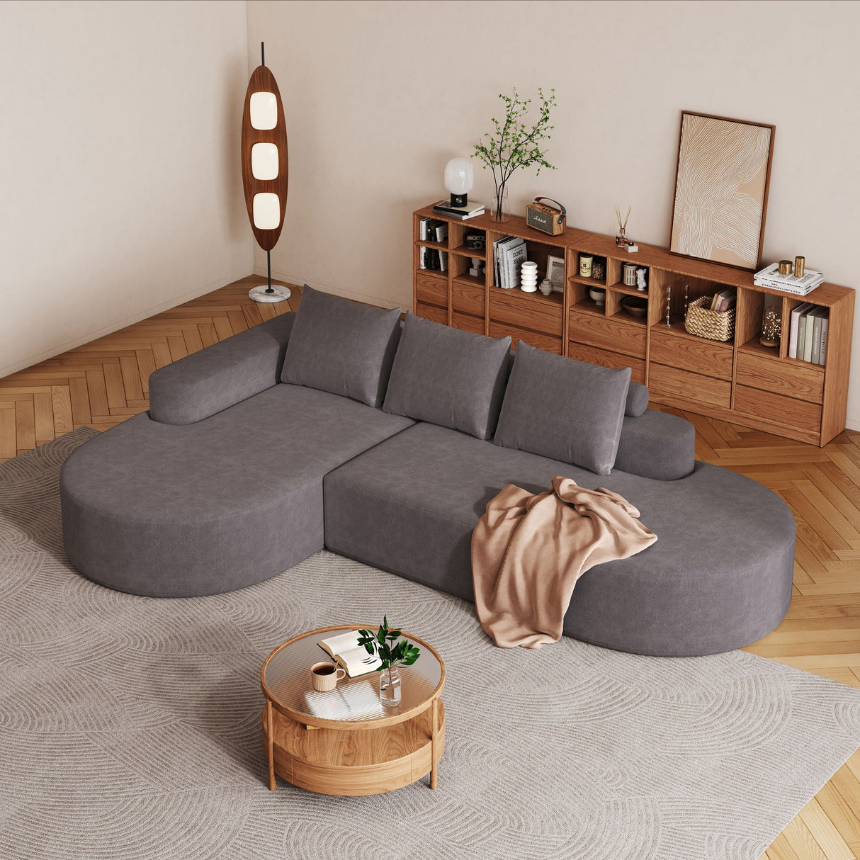 Modern Curved Sofa, L-Shaped Modular Sectional Set With 3 Pillows