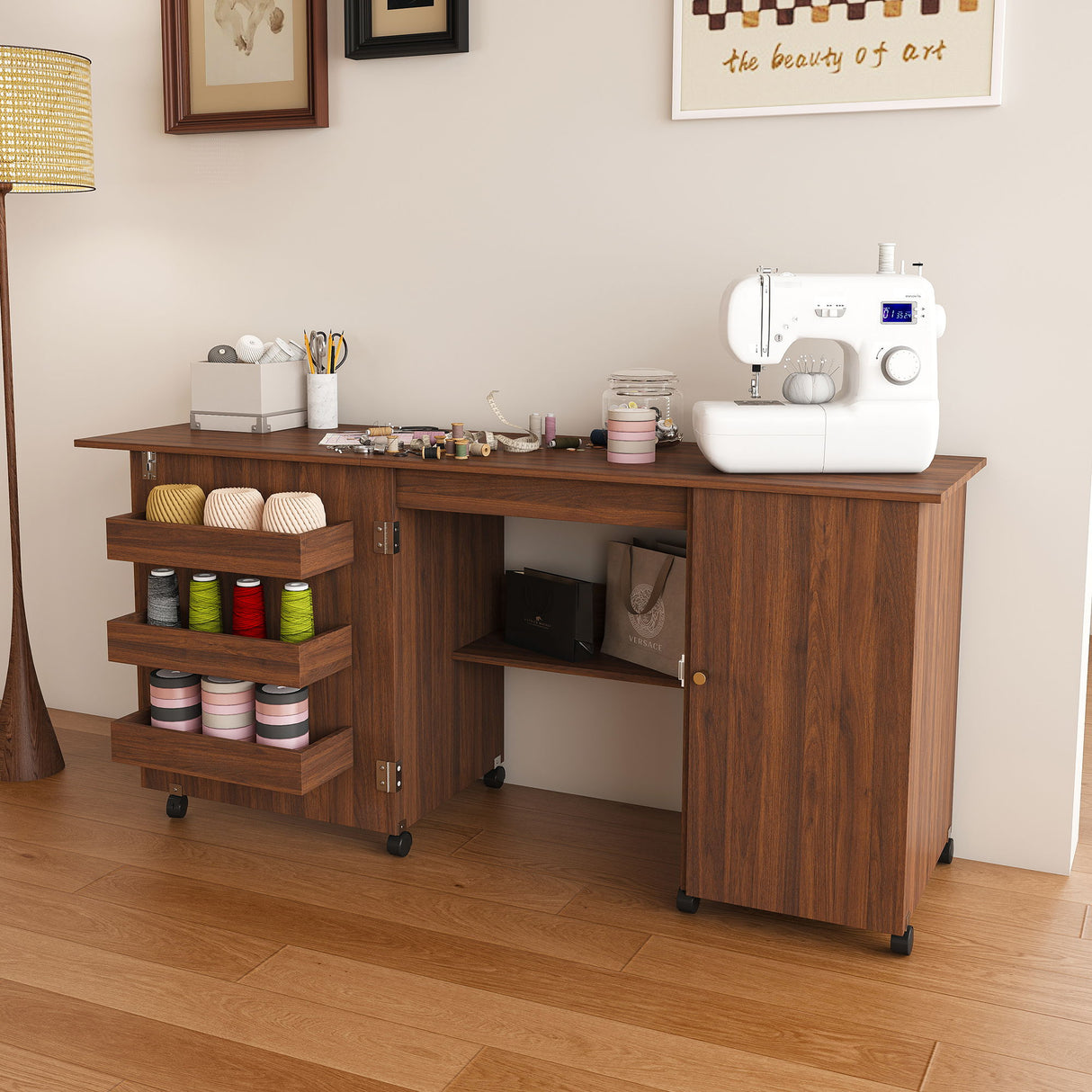 Foldable Sewing Table With Locking Casters