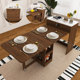 Extendable Dining Table With Power Socket, Lockable Casters, Storage Cabinet