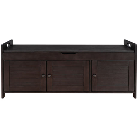 Storage Bench With 3 Shutter-Shaped Doors, Shoe Bench With Removable Cushion And Hidden Storage Space