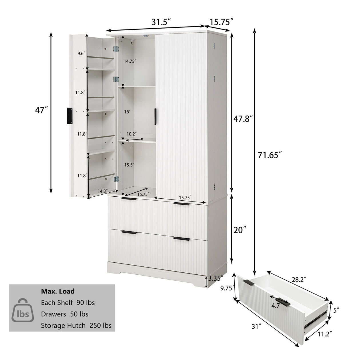 Fluted Kitchen Pantry Cabinet With 2 Large Drawers & 8 Door Spice Rack