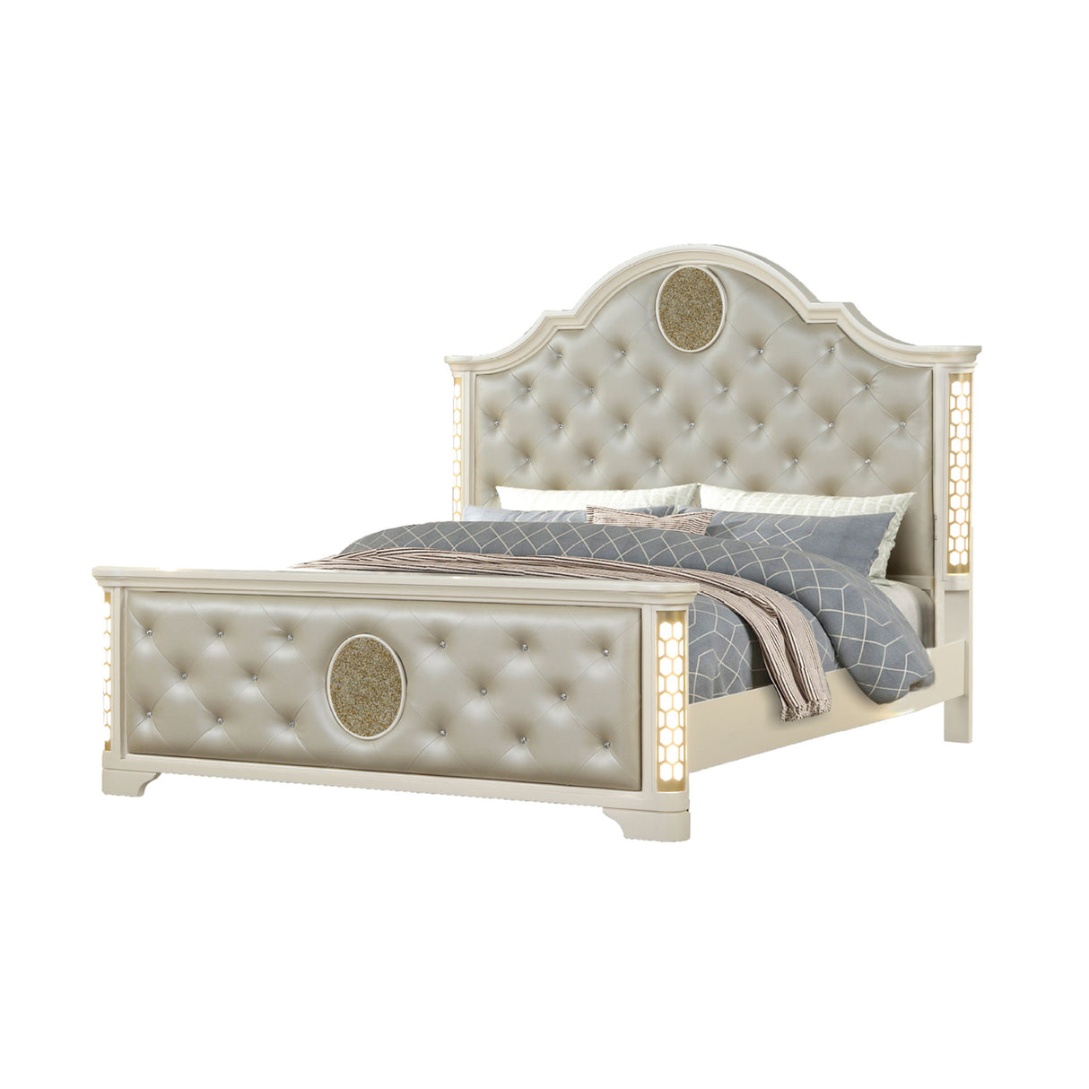 Jasmine - Queen Size Tufted Upholstery & LED Bed - Beige