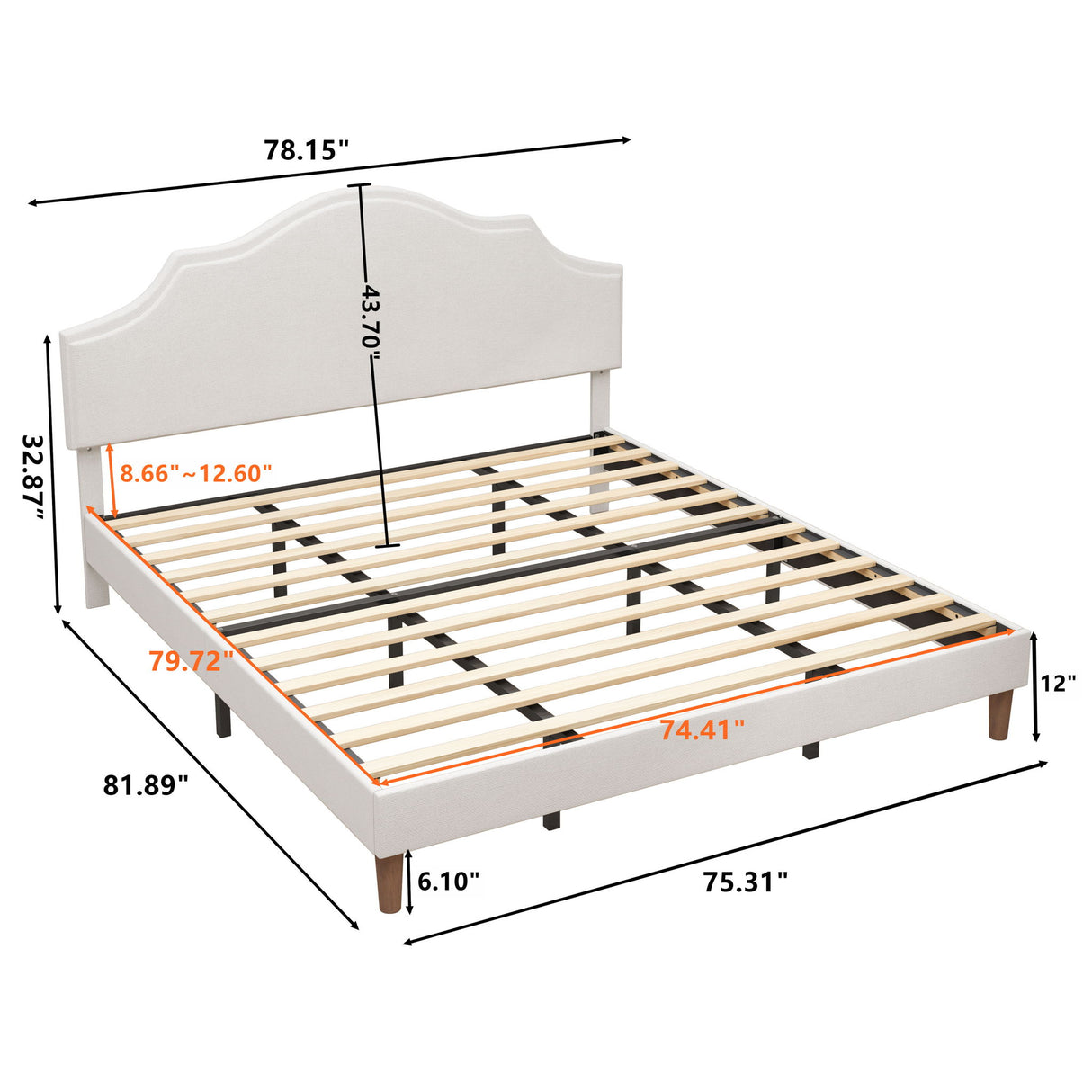 King Size, Upholstered Platform Bed Frame With Adjustable Headboard, No Box Spring Needed - White