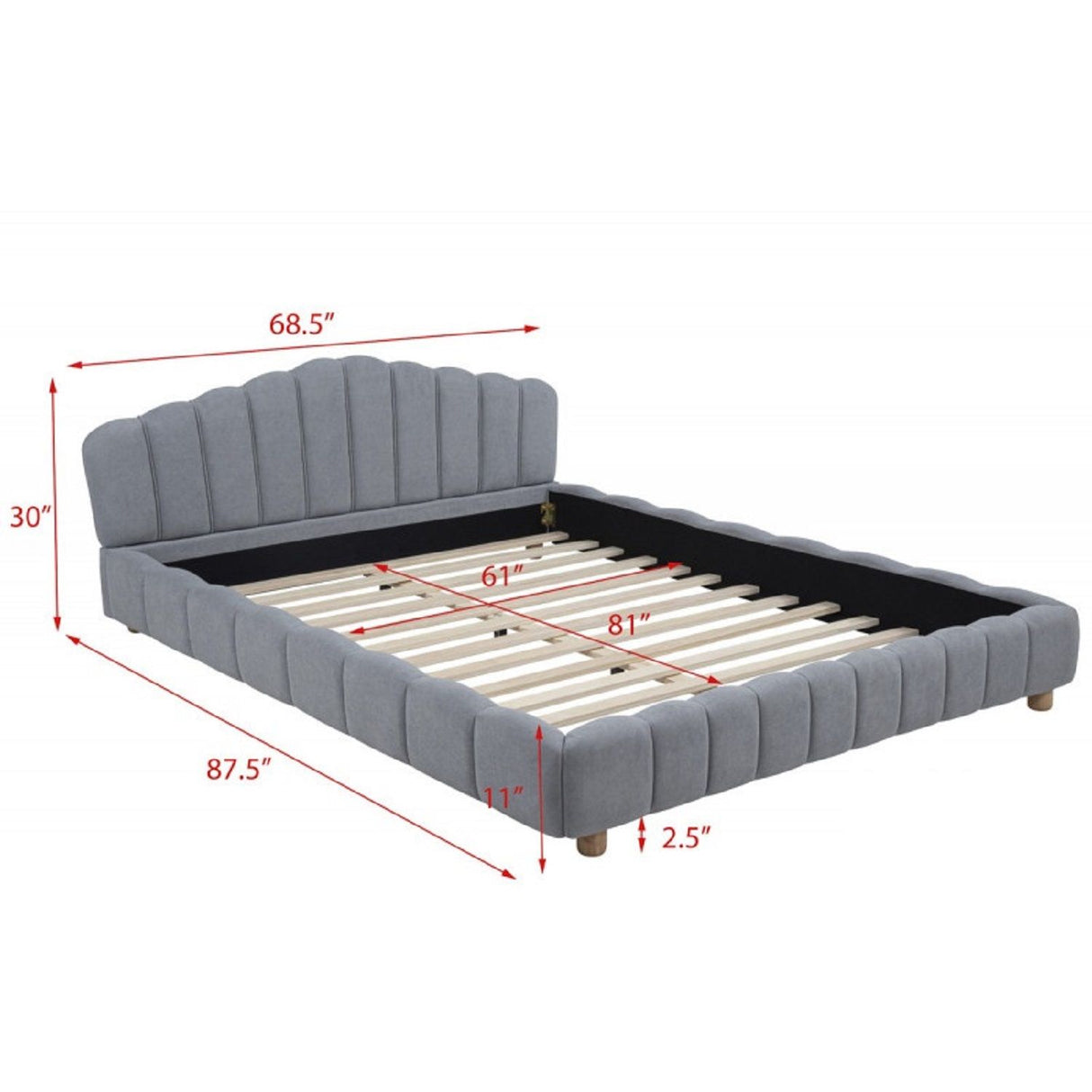 Queen Upholstered Platform Bed, Low Profile Frame - Light Blue