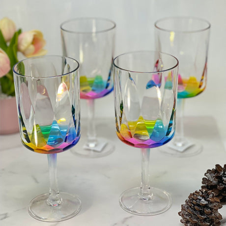 Leadingware Rainbow Diamond Plastic Wine Glasses (Set of 4), Unbreakable Bpa Free Acrylic, 16Oz - Clear